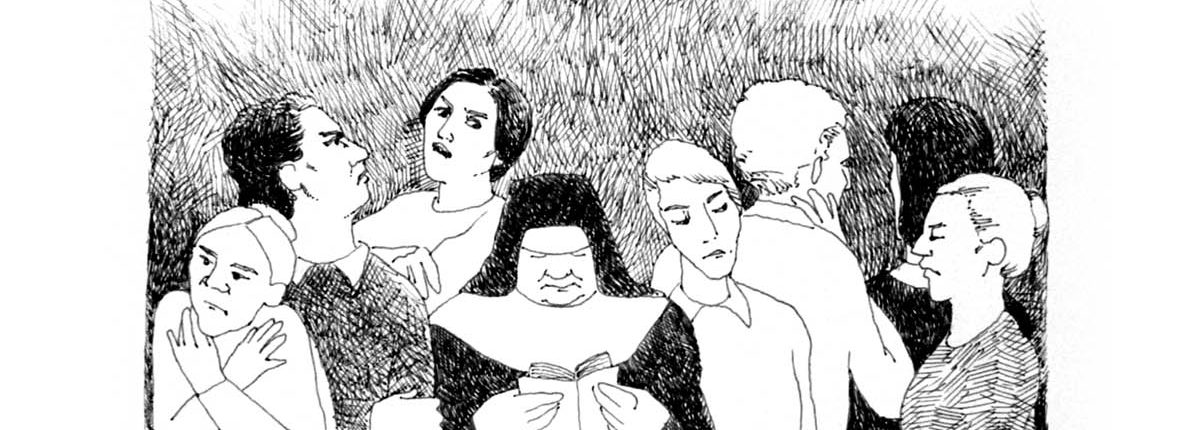 Zeichnung: Restituta liest im Gefängnis, um sie herum stehen Gefangene, ein Gitterfenster ist im Hintergrund zu sehen