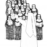 Zeichnung: Restituta in weiß dirigiert einen Schwesternchor