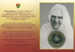 Abbildung von Schwester Restituta als Doppelbildchen mit Gedenkmedaille mit deutschem Text