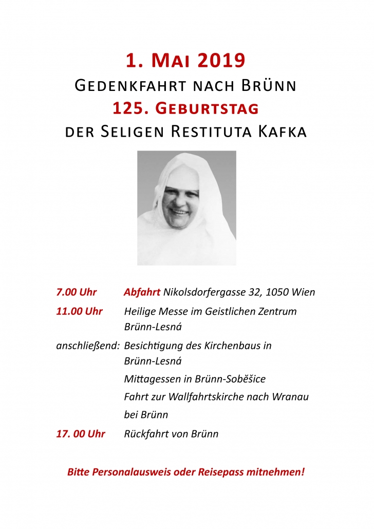 Einladung zur Gedenkfahrt nach Brünn am 125. Geburtstag der seligen Restituta